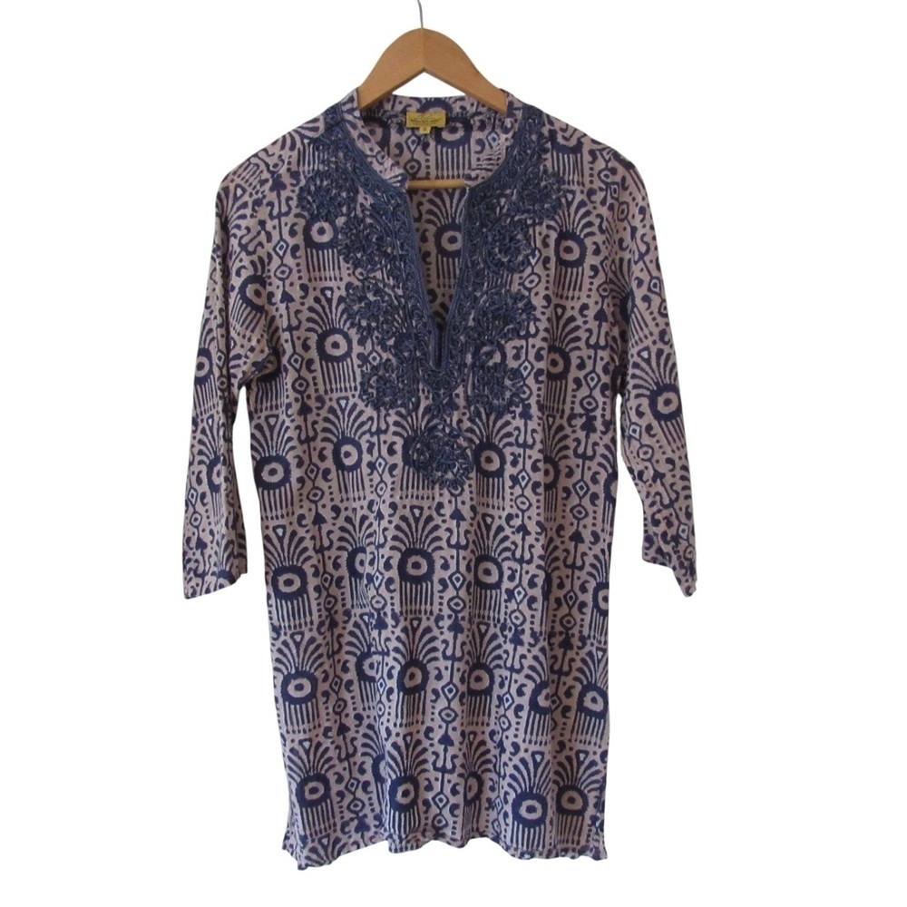 Roberta Roller Rabbit Blue Tunic Top Small Embroidered 3/4 Sleeves Cotton Beach